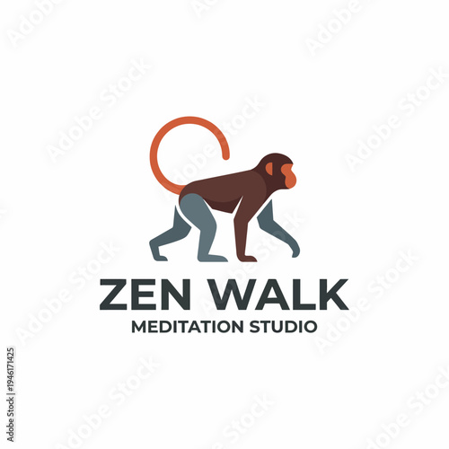 This unique logo showcases a strolling monkey in a relaxed pose, representing mindfulness and meditation, perfect for wellness brands and studios focused on tranquility and peace.