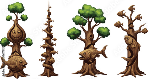 Fantasy trees with fish design, creative cartoon illustration, surreal nature concept, magical forest artwork, unique ecology theme, vector decorative elements