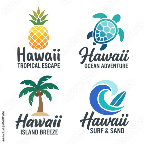 A vibrant collection of Hawaii-themed illustrations featuring iconic tropical elements, encapsulating the essence of paradise and leisure in a colorful and inviting design style.