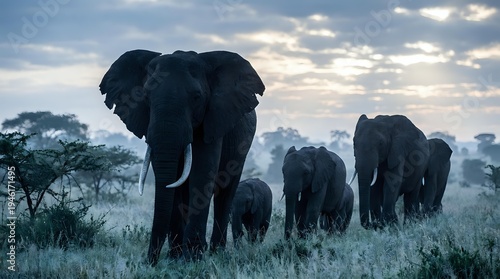 African elephant herd walking through savanna grassland at dawn with dramatic cloudy sky and acacia trees in background wildlife conservation concept.