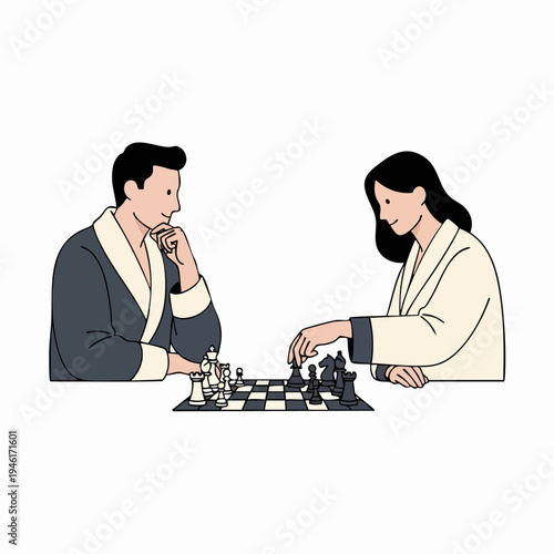 Man and woman playing chess game strategy.