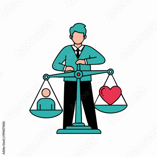 Man balancing human and heart on a scale, representing ethical decision-making.