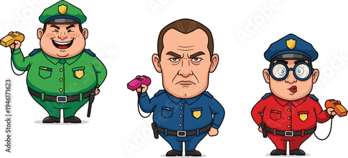 Funny cartoon policemen characters in different uniforms holding radios, law enforcement officer illustration vector design for police, security, authority, and justice.