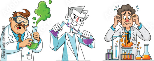 Funny cartoon scientists experimenting with colorful chemical reactions in laboratory, comical expressions, science research illustration for education, creativity, discovery design.
