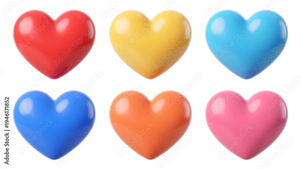 Fototapeta premium Collection of Colorful 3D Glossy Heart Icons on White Background