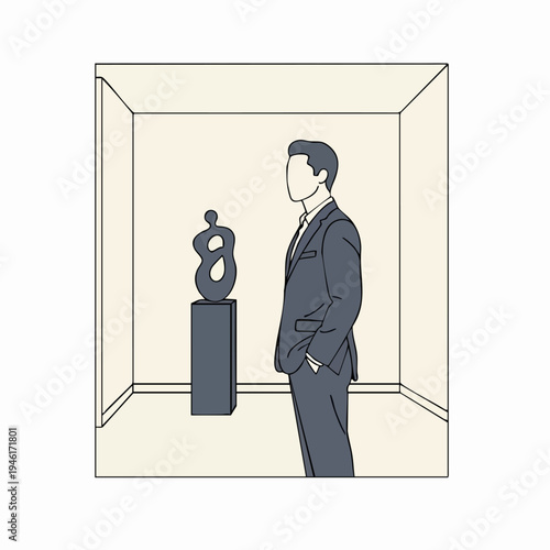 Man in Suit Admiring Abstract Sculpture in Gallery.