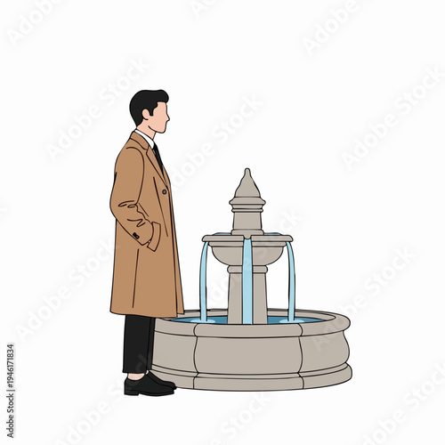 Man in Trench Coat Standing by a Fountain.