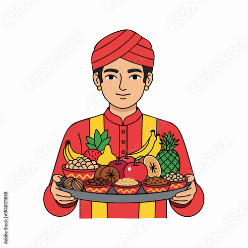 Man in Traditional Attire Holding a Tray of Fruits and Food.