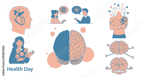 Set of 6 World Health Day brain and mental health icons vector