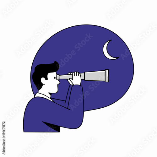 Man Looking Through Telescope at Night Sky.