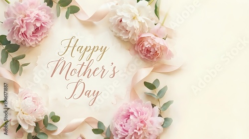 Happy Mother's Day greeting card with pink peonies and eucalyptus on cream background. Elegant floral arrangement for celebrating motherhood and family love.