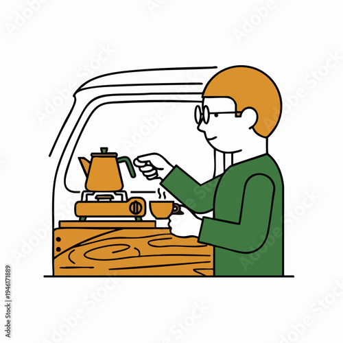 Man making coffee in a camper van.