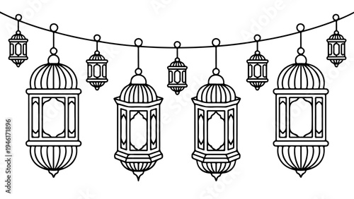 A black and white drawing of lanterns hanging from a string