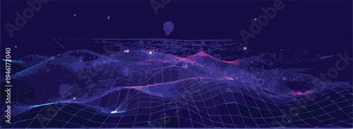 Abstract futuristic digital landscape vector background with glowing purple and pink grid waves, ideal for technology, data, or science-themed designs and presentations