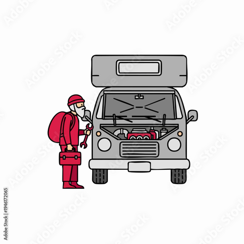 Mechanic Inspecting Vintage Camper Van Engine Bay.