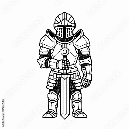 Medieval Knight in Full Plate Armor Holding a Sword.