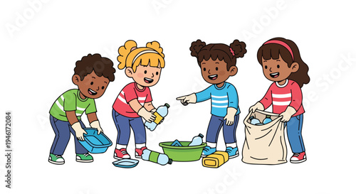 Four happy diverse children wearing gloves are actively participating in a recycling cleanup, collecting plastic bottles into various containers.