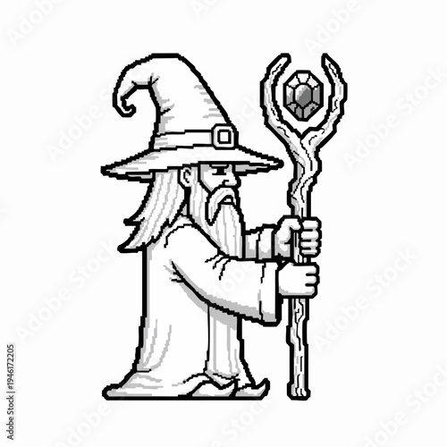 Mysterious Wizard Holding a Magical Staff with Gemstone.