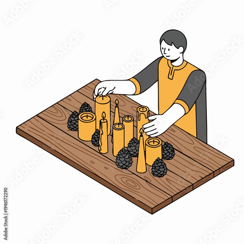 Person arranging candles and pinecones on a wooden table.