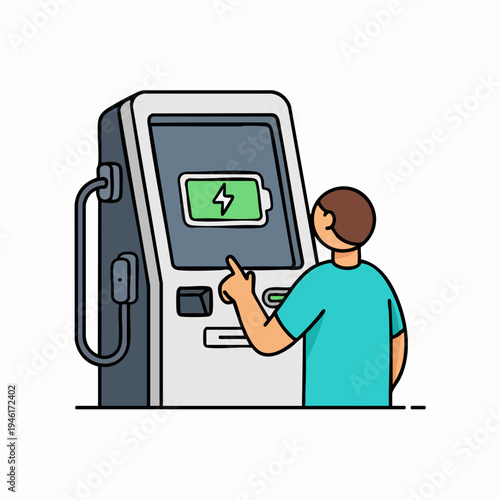 Person interacting with electric vehicle charging station screen.