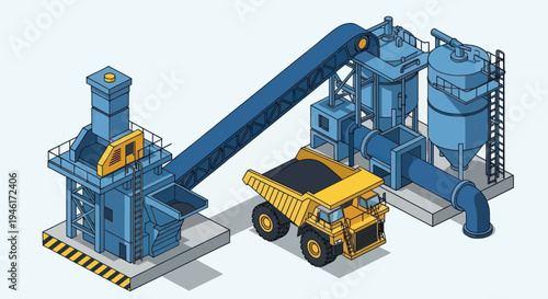 Industrial mining equipment with dump truck illustration.