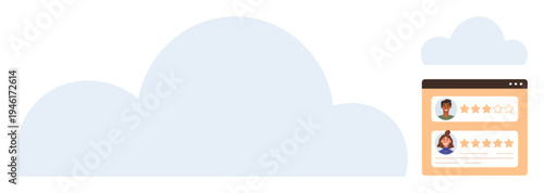 Cloud computing, online reviews, user feedback, customer satisfaction, digital services, internet platforms. Abstract cloud with user profiles and star ratings. Cloud computing and online review