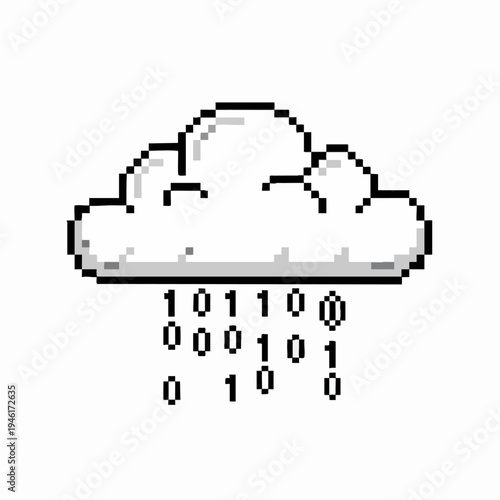 Pixel Art Cloud Raining Binary Code Data.