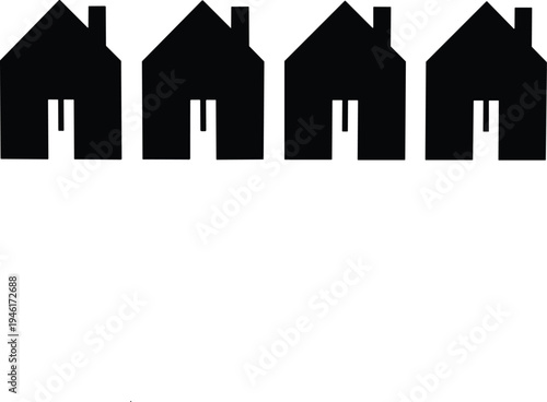 Minimalist black vector silhouette of four houses in a row icon representing real estate neighborhood community housing development and residential property market concept.