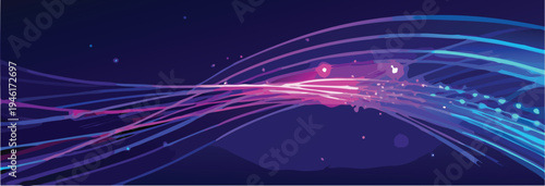 Abstract digital data flow vector background with glowing blue and purple light trails, representing speed, technology, and futuristic communication