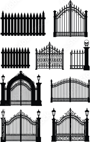 Set of black gothic gate and iron fence silhouettes with ornate details, including graveyard entrances and spooky cemetery borders, isolated on a white background.