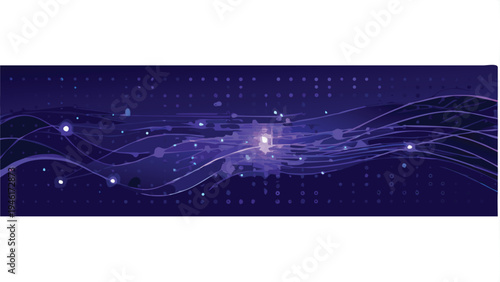 Abstract dark blue and purple vector background with glowing light particles, flowing lines, and digital dots for technology, data, and internet concepts