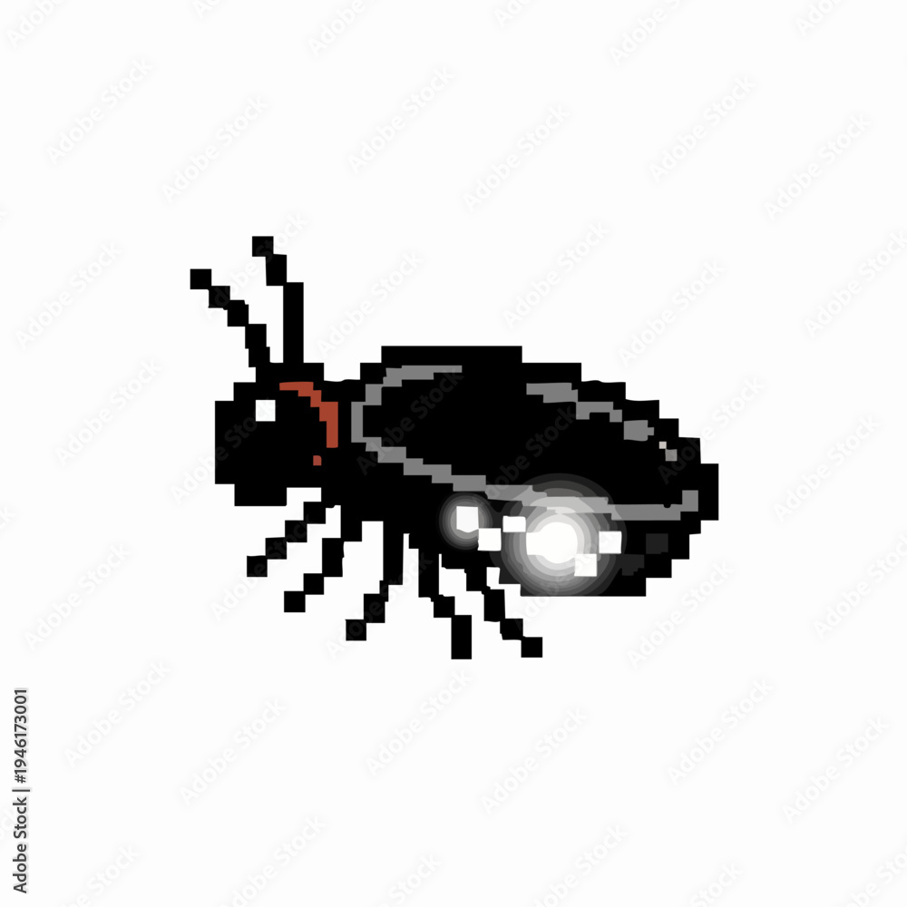 Fototapeta premium Pixelated Black Beetle with Glowing Eyes and Antennae.