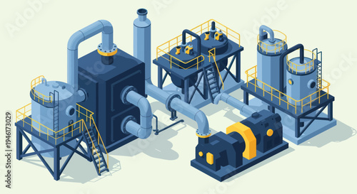 Industrial plant with complex machinery and pipelines.