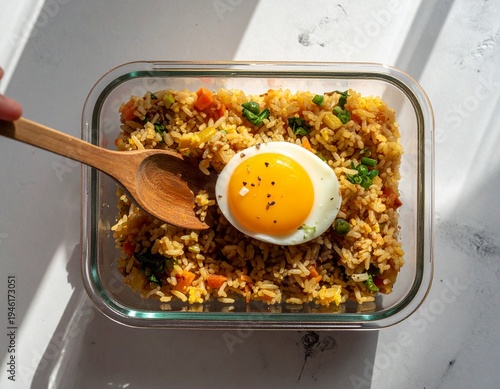 Homemade fried rice meal prep on rustic wooden kitchen table
