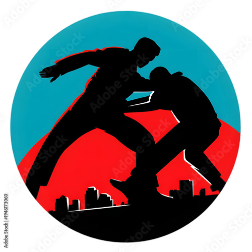 Two men fighting in a brawl isolated on transparent background.