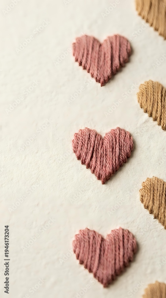 Fototapeta premium Handmade embroidered hearts in pink and beige thread on cream fabric background for Valentine's Day crafts and romantic textile projects.
