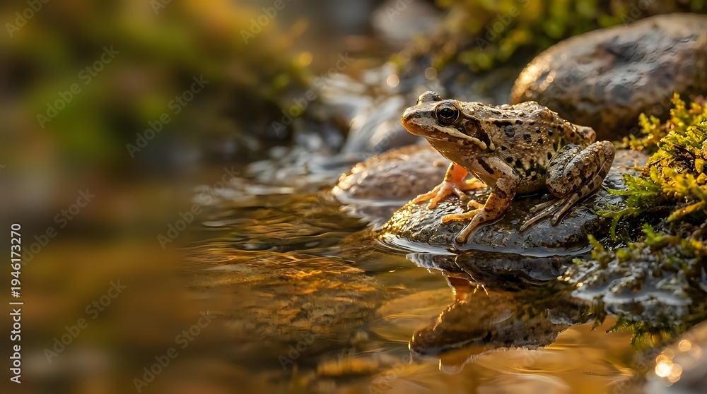 Fototapeta premium Brown spotted frog sitting on mossy rock beside flowing stream in natural wetland habitat during golden hour lighting for wildlife photography.
