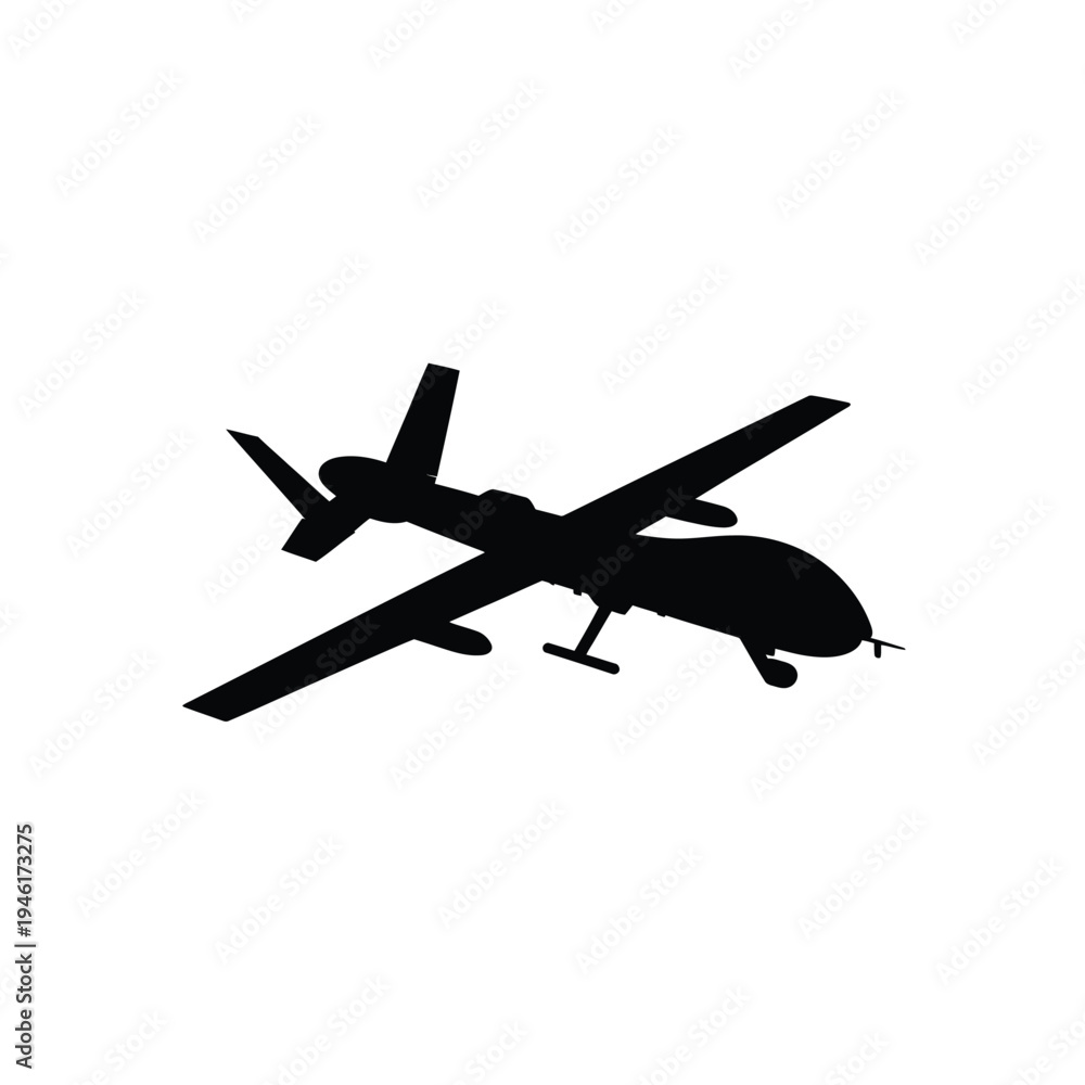 Obraz premium Silhouette of a military drone against a plain white background
