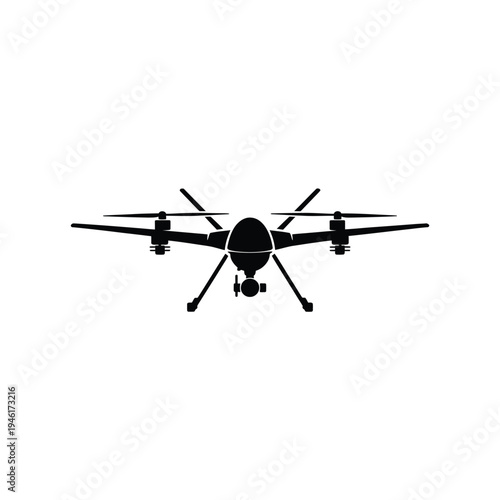A black silhouette of a modern quadcopter drone with landing gear extended