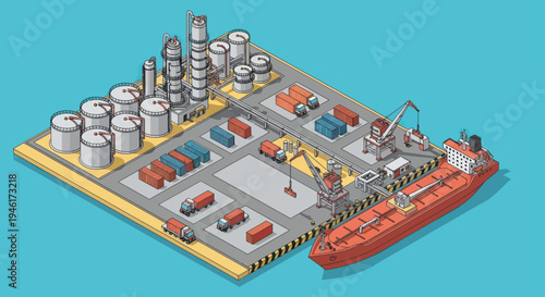 Industrial Port with Refinery and Cargo Ship.