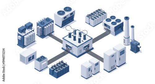 Industrial Power Distribution System with Transformers and Cooling Units.