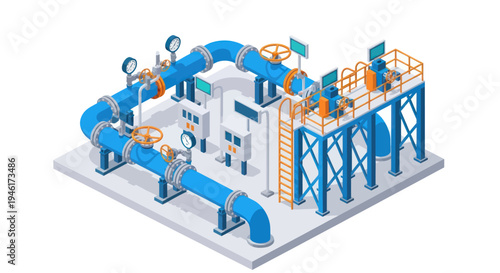 Industrial Pumping Station with Blue Pipes and Gauges.