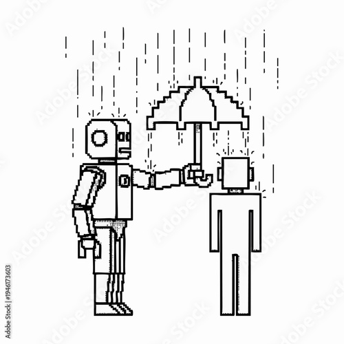 Robot holding umbrella protecting person from rain.