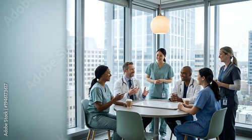 Diverse medical team of doctors and nurses having meeting in modern hospital conference room with city skyline view discussing patient care strategies.