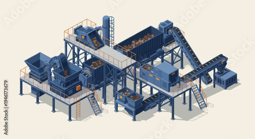Industrial Recycling Plant Machinery and Equipment Illustration.