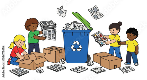 Four diverse children actively participate in recycling, sorting newspapers, magazines, and cardboard boxes into a blue bin and other containers.