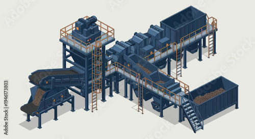 Industrial Recycling Plant Machinery and Equipment Illustration.