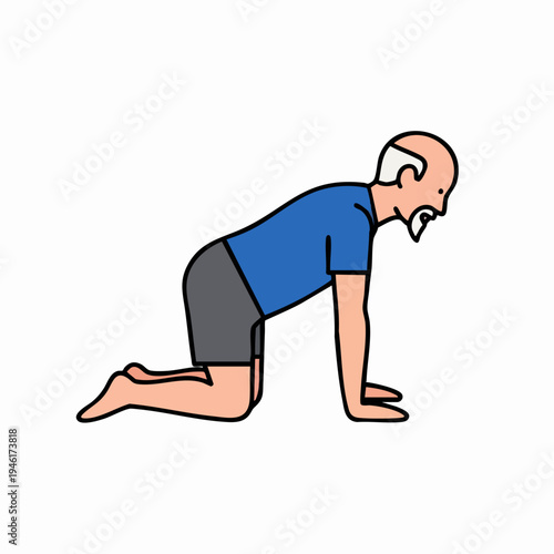 Senior man on hands and knees performing yoga pose.