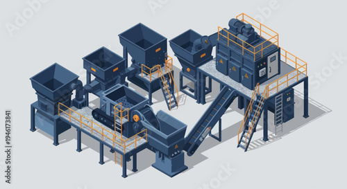 Industrial Recycling Plant Machinery and Equipment Isometric View.