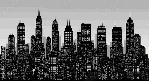 Urban Night Skyline Silhouette with Illuminated Windows and Skyscraper Details 